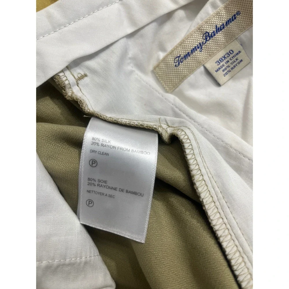 Tommy Bahama Mens 38x30 Silk Bamboo Herringbone Pleated Trousers Khaki Tan Pants
